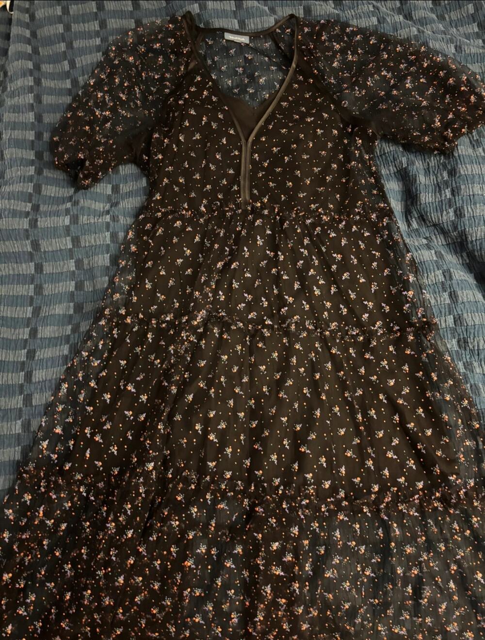 Modcloth Black Sheer Floral Mesh Maxi Dress with Separate Slip Sz L Whimsygoth